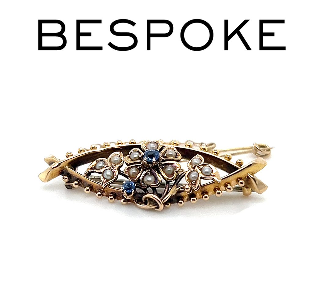 Bespoke Floral Sapphire & Pearl Brooch 4.02g