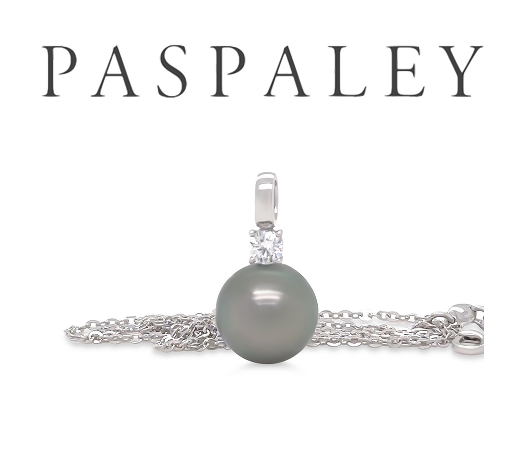 Paspaley 18ct White Gold Tahitian Pearl & Diamond Necklace 0.25ct